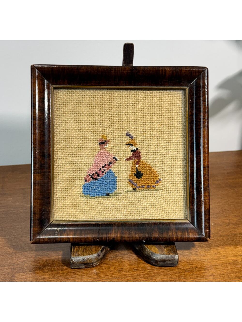 Vintage Colonial Woman Needlepoint Framed Finished 5.5"